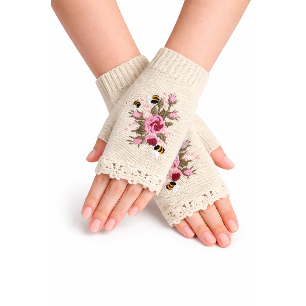 Unbranded Knit Fingerless Gloves Cream Floral Bee Embroidery Crochet Warmers
